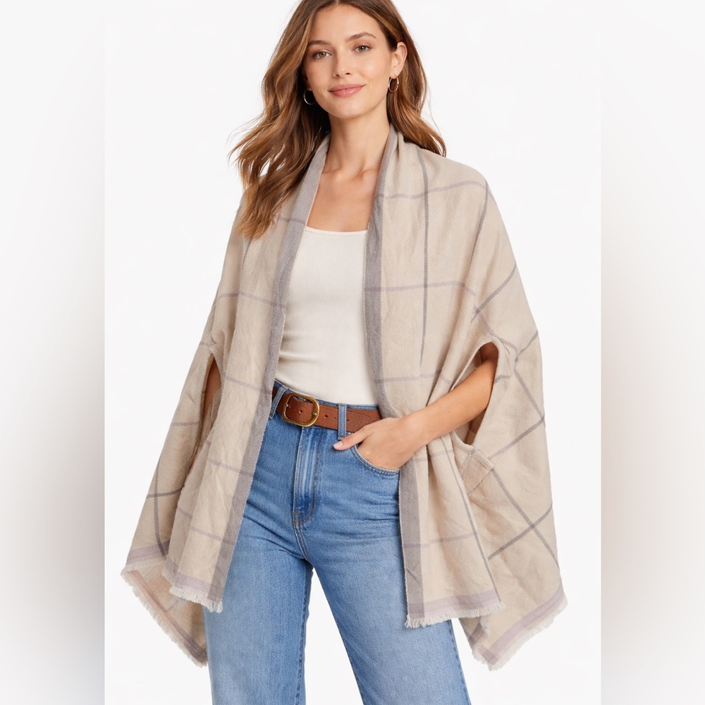 J.Crew Beige Plaid Oversized Wrap Shawl Scarf Gray Lavender Fringe